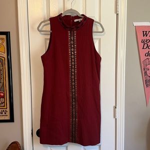 Maroon Mini Dress with Embroidered and Brass Details